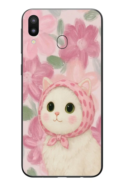 Le Balvo Samsung Galaxy M20 Uyumlu Pembe Örtülü Kedi Baskılı Silikon Kılıf ürün görseli 1