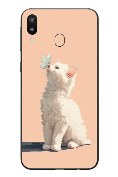 Le Balvo Samsung Galaxy M20 Uyumlu Beyaz Kelebekli Kedi Baskılı Silikon Kılıf ürün görseli 1