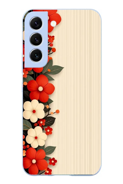 Le Balvo Samsung Galaxy S22 Uyumlu Kırmızı Beyaz Çiçekler Baskılı Silikon Kılıf ürün görseli 1