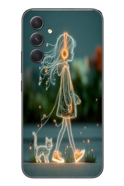 Le Balvo Samsung Galaxy A54 Uyumlu Kedili Neon Kız Baskılı Silikon Kılıf ürün görseli 1