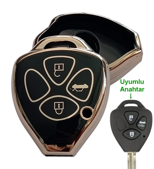 Toyota Corolla Auris Rav4 Hilux Uyumlu Kumanda Anahtar Kılıfı Oto Anahtarlık 3 Tuşlu Siyah Gold ürün görseli 1