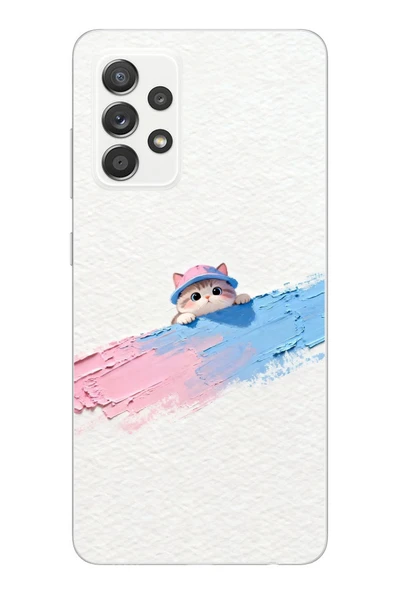 Le Balvo Samsung Galaxy A52 Uyumlu Pembe Mavi Kedi Baskılı Silikon Kılıf ürün görseli 1
