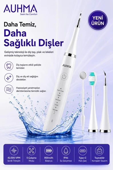Ultrasonic  Şarjlı Elektrikli Akıllı Diş Temizleme Cihazı Beyazlatıcı 5 Mod 3+1 Başlık, IPX8 Su Geçirmez Beyaz ürün görseli 1