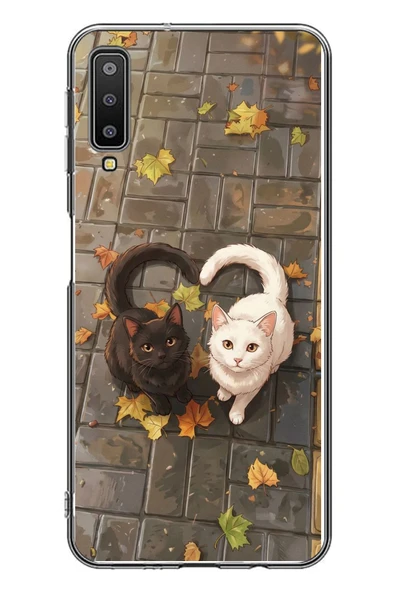 Le Balvo Samsung Galaxy A7 2018 Uyumlu Kalp Kuyruklu Kediler Baskılı Silikon Kılıf ürün görseli 1