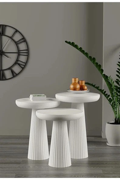 Wood Ahşap Beyaz 3’lü Set Mantar Yan Sehpa Fiskos / Wooden Coffee Table / Zigon Sehpa (Teşhir) ürün görseli 1