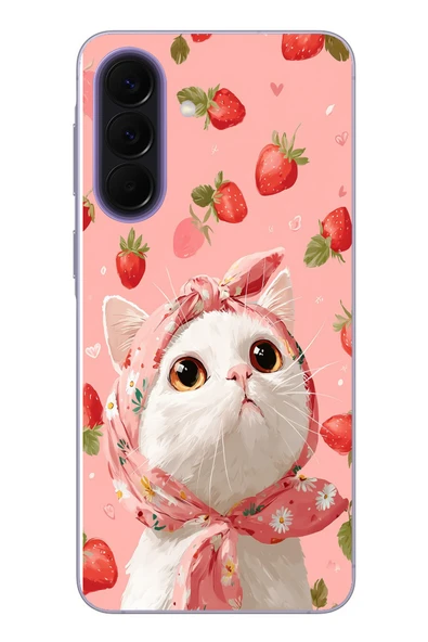 Le Balvo Samsung Galaxy A57 Uyumlu Örtülü Kedi Çilekli Baskılı Silikon Kılıf ürün görseli 1