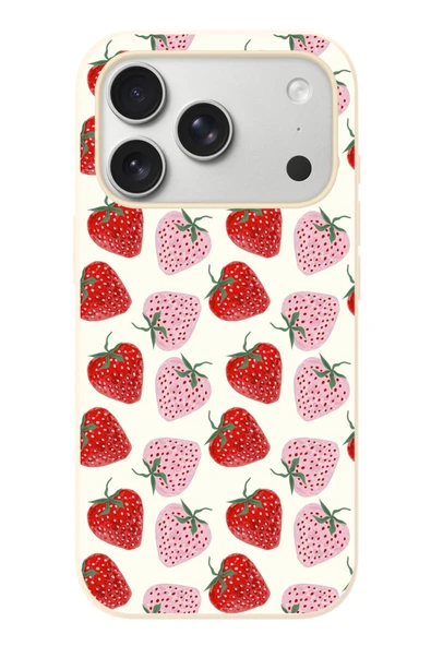 Le Balvo İphone 17 Pro Uyumlu Kırmızı Pembe Çilekler Baskılı Silikon Kılıf ürün görseli 1