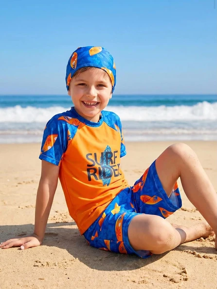 Cg Kids Erkek Çocuk Korumalı Deniz Takımı | Kısa Kollu Deniz Tişörtü, Şort ve Bone Seti ürün görseli 1