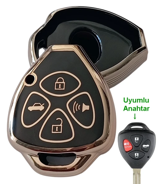 Toyota Corolla Auris Rav4 Hilux Uyumlu Kumanda Anahtar Kılıfı Oto Anahtarlık 4 Tuşlu SİYAH GOLD ürün görseli 1