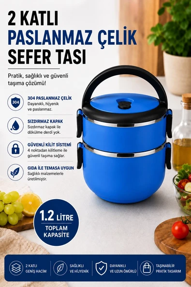 SAS HAUS 2 Katlı Paslanmaz Çelik Yemek Kabı 1200 ML Sızdırmaz Kapaklı Taşınabilir Lunch Box ürün görseli 1
