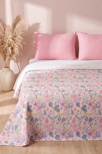 Pembe Kır Bahçesi Desenli Çift Kişilik Baskılı Pike & Yatak Örtüsü 200x230 cm ürün görseli 1