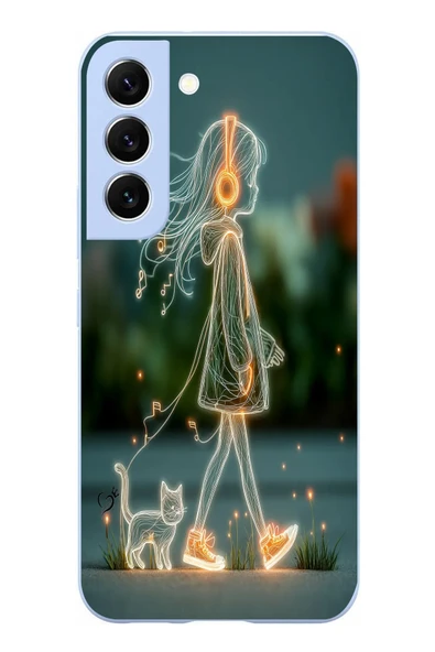 Le Balvo Samsung Galaxy S22 Uyumlu Kedili Neon Kız Baskılı Silikon Kılıf ürün görseli 1