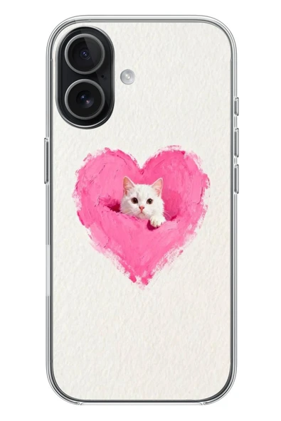 Le Balvo İphone 17 Uyumlu Pembe Kalpli Kedi Baskılı Silikon Kılıf ürün görseli 1