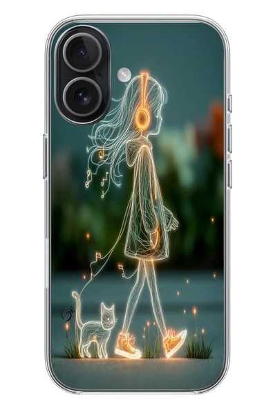 Le Balvo İphone 17 Uyumlu Kedili Neon Kız Baskılı Silikon Kılıf ürün görseli 1