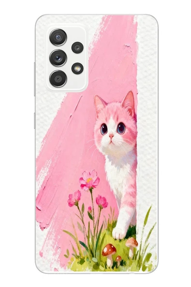 Le Balvo Samsung Galaxy A52 Uyumlu Pembeli Kedi Baskılı Silikon Kılıf ürün görseli 1