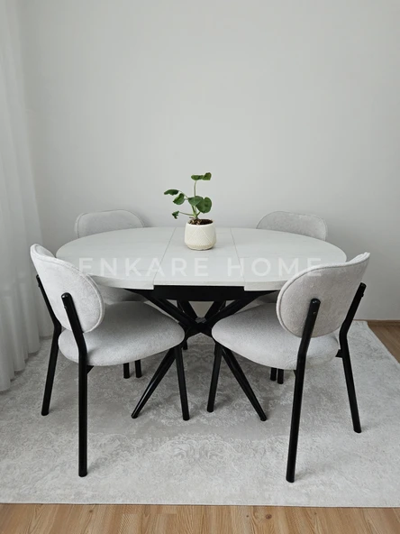 Oliva Açılabilir Yuvarlak Ahtapot Masa & 4'lü Sahra Teddy Sandalye Takımı - Modern Bohem 100x100-140 ürün görseli 1