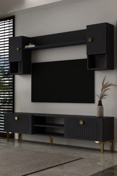Dekortis Home Dekor 180DHDTÜR3AA HERA LAZER DESENLİ TV ÜNİTESİ ANTRASİT-ALTIN ürün görseli 1