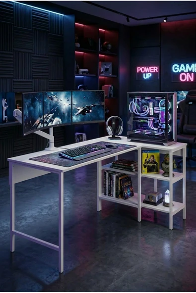 papi-co Alexis Oyuncu Masası 178x90 Cm, Beyaz Renk Oyuncu Masası, Çift Yön Kullanıma Uygun, Bilgisayar Masası, Gamer Masası, Gaming Masa, L Masa, Çalışma Masası ürün görseli 1