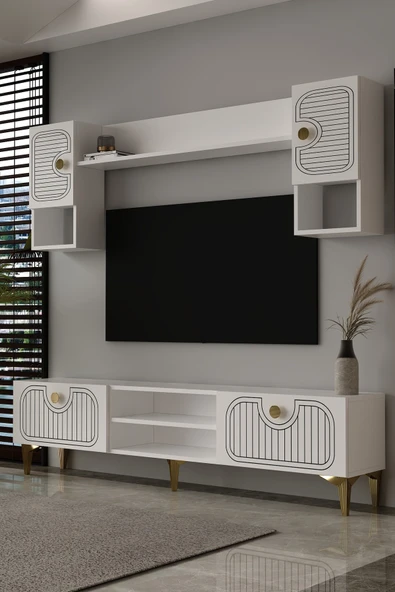 Dekortis Home Dekor 180DHDTÜR3BA HERA LAZER DESENLİ TV ÜNİTESİ BEYAZ-ALTIN ürün görseli 1