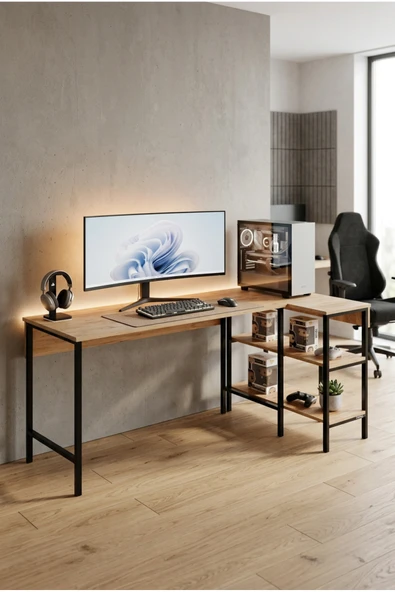 papi-co FORGE Köşe Bilgisayar Masası, L Tipi Çalışma Masası, Raflı Gaming Setup, Ofis Masası 178x90cm Çalışma Masası ürün görseli 1