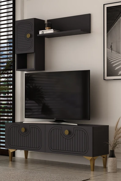 Dekortis Home Dekor 120DHDTDR3AA HERA LAZER DESENLİ RAFLI TV SEHPASI, ÜNİTESİ ANTRASİT-ALTIN ürün görseli 1