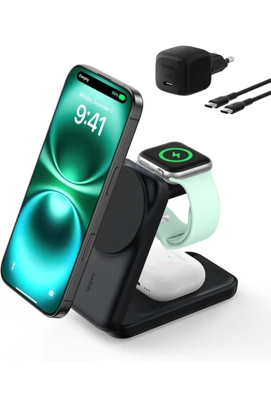 UltraCharge MagSafe Uyumlu 3’ü 1 Arada Qi2 25W Kablosuz Şarj Cihazı, iPhone 16, Watch, ürün görseli 1
