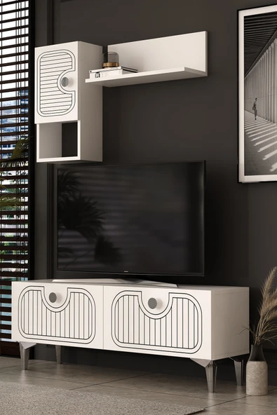 Dekortis Home Dekor 120DHDTDR3BG HERA LAZER DESENLİ RAFLI TV SEHPASI, ÜNİTESİ BEYAZ-GÜMÜŞ ürün görseli 1