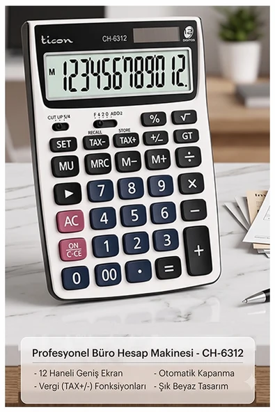 Hesap Makinesi Gri 13x18.5cm 1 Adet Ticon CH-6312 12 Haneli Hafızalı Orta Boy Ofis Büro Masaüstü Hesap Makinası ürün görseli 1