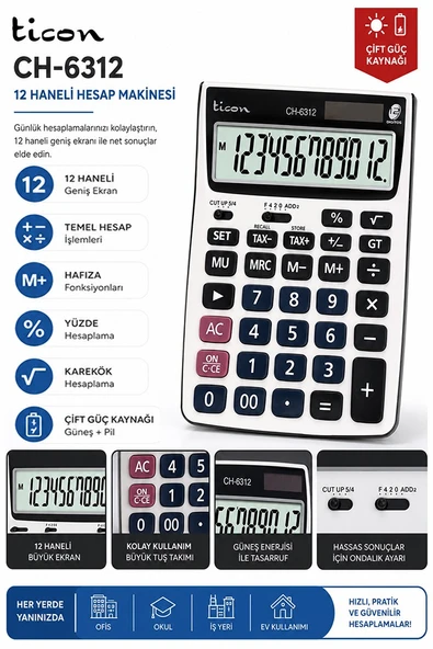 Hesap Makinesi Gri 13x18.5cm 1 Adet Ticon CH-6312 12 Haneli Hafızalı Orta Boy Ofis Büro Masaüstü Hesap Makinası ürün görseli 1