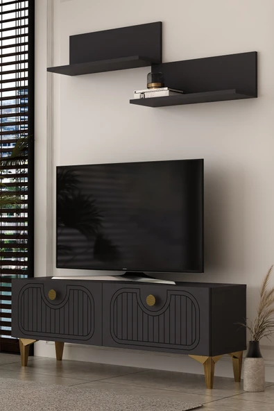 Dekortis Home Dekor 120DHDTÜR3AA HERA LAZER DESENLİ RAFLI TV SEHPASI,ÜNİTESİ ANTRASİT-ALTIN ürün görseli 1