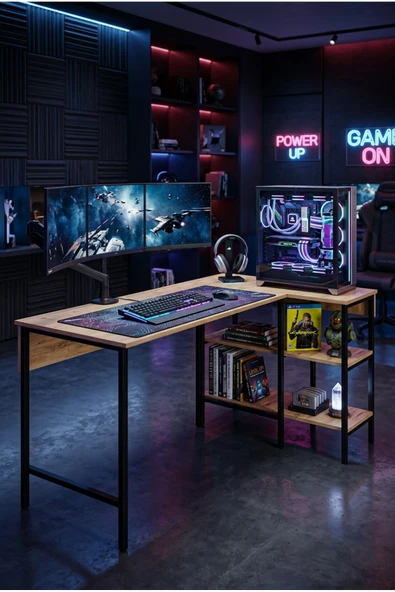 papi-co Alexis Oyuncu Masası 178x90 Cm, Çam Renk Oyuncu Masası, Çift Yön Kullanıma Uygun, Bilgisayar Masası, Gamer Masası, Gaming Masa, L Masa, Çalışma Masası ürün görseli 1