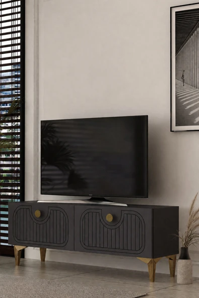 Dekortis Home Dekor 120DHDTS3AA HERA LAZER DESENLİ TV SEHPASI ANTRASİT-ALTIN ürün görseli 1