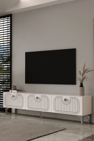 Dekortis Home Dekor 180DHDTS3BG HERA LAZER DESENLİ TV SEHPASI,ÜNİTESİ BEYAZ-GÜMÜŞ ürün görseli 1