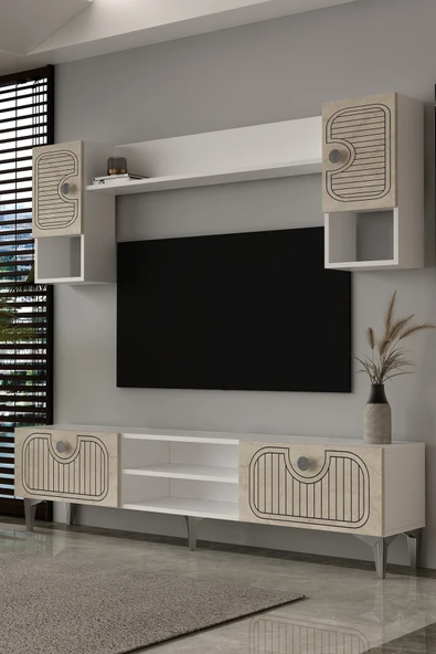 Dekortis Home Dekor 180DHDTÜR3BTG HERA LAZER DESENLİ TV ÜNİTESİ BEYAZ-TRAVERTEN-GÜMÜŞ ürün görseli 1