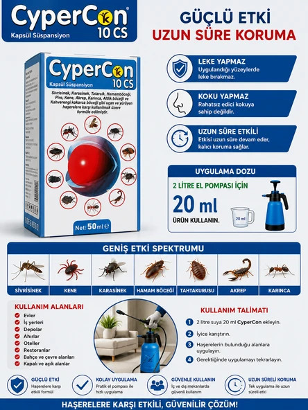 Cypercon 10 Cs 50 ml Kapsül Süspansiyon Haşere Öldürücü İç ve Dış Mekan Kullanımı için Uzun Süreli Koruma Sağlayan Etkili Çözüm ürün görseli 1
