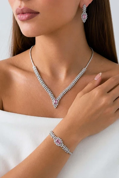 Gümüş Pazarım Prenses Serenadı Pembe Taşlı Gerdanlık Gümüş Set ürün görseli 1