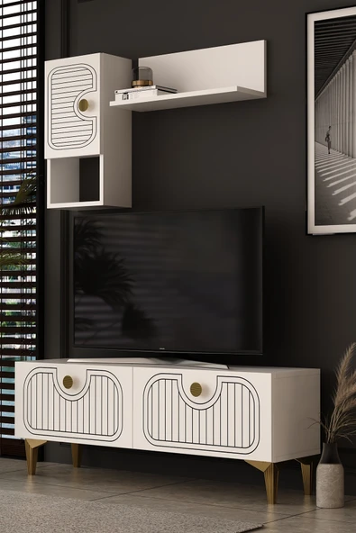 Dekortis Home Dekor 120DHDTDR3BA HERA LAZER DESENLİ RAFLI TV SEHPASI, ÜNİTESİ BEYAZ-ALTIN ürün görseli 1