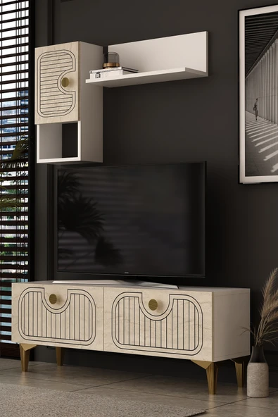 Dekortis Home Dekor 120DHDTDR3BTA HERA LAZER DESENLİ RAFLI TV SEHPASI, ÜNİTESİ BEYAZ-TRAVERTEN-ALTIN ürün görseli 1