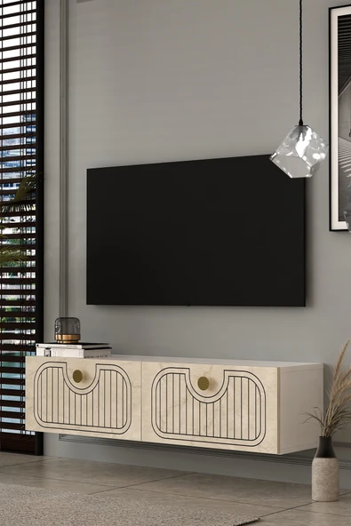 Dekortis Home Dekor 120DHDTDA3BTA HERA LAZER DESENLİ DUVARA MONTE TV SEHPASI BEYAZ-TRAVERTEN-ALTIN ürün görseli 1