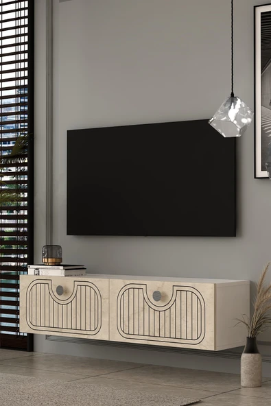 Dekortis Home Dekor 120DHDTDA3BTG HERA LAZER DESENLİ DUVARA MONTE TV SEHPASI BEYAZ-TRAVERTEN-GÜMÜŞ ürün görseli 1