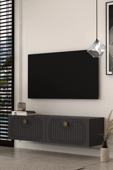 Dekortis Home Dekor 120DHDTDA3AA HERA LAZER DESENLİ DUVARA MONTE TV SEHPASI ANTRASİT-ALTIN ürün görseli 1