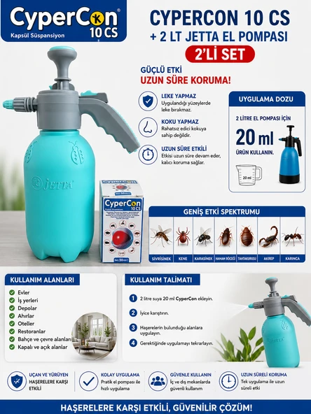 Cypercon 10 Cs 50 ml  Jetta 2 Litre Basınçlı El Pompası Seti Sivrisinek, Kene, Hamamböceği, Karınca, Akrep ve Tahtakurusu ürün görseli 1