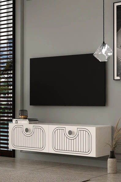 Dekortis Home Dekor 120DHDTDA3BG HERA LAZER DESENLİ DUVARA MONTE TV SEHPASI BEYAZ-GÜMÜŞ ürün görseli 1