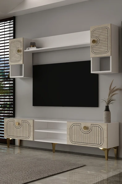 Dekortis Home Dekor 180DHDTÜR3BTA HERA LAZER DESENLİ TV ÜNİTESİ BEYAZ-TRAVERTEN-ALTIN ürün görseli 1