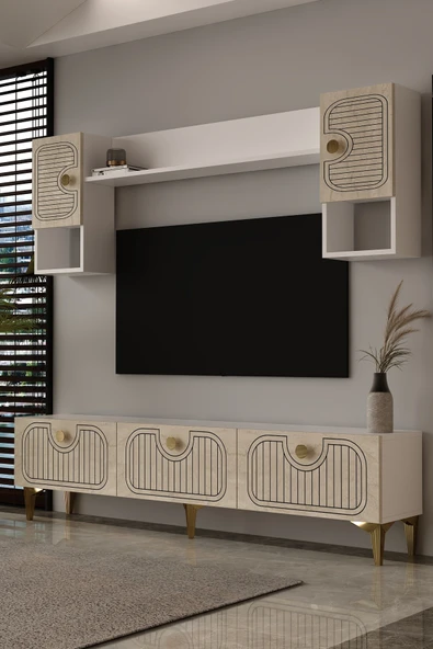 Dekortis Home Dekor 180DHDTÜ3BTA HERA LAZER DESENLİ TV ÜNİTESİ BEYAZ-TRAVERTEN-ALTIN ürün görseli 1