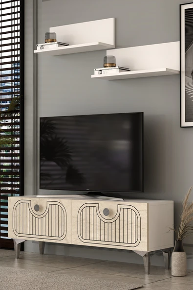 Dekortis Home Dekor 120DHDTÜR3BTG HERA LAZER DESENLİ RAFLI TV SEHPASI,ÜNİTESİ BEYAZ-TRAVERTEN-GÜMÜŞ ürün görseli 1