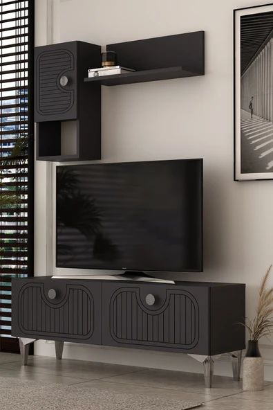 Dekortis Home Dekor 120DHDTDR3AG HERA LAZER DESENLİ RAFLI TV SEHPASI, ÜNİTESİ ANTRASİT-GÜMÜŞ ürün görseli 1