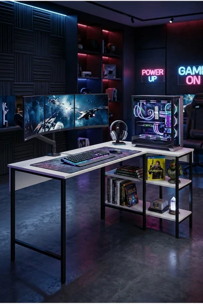 papi-co Alexis Oyuncu Masası 178x90 Cm, Beyaz Renk Oyuncu Masası, Çift Yön Kullanıma Uygun, Bilgisayar Masası, Gamer Masası, Gaming Masa, L Masa, Çalışma Masası ürün görseli 1