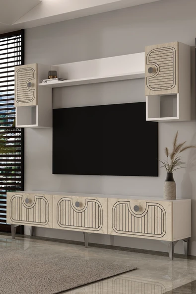 Dekortis Home Dekor 180DHDTÜ3BTG HERA LAZER DESENLİ TV ÜNİTESİ BEYAZ-TRAVERTEN-GÜMÜŞ ürün görseli 1