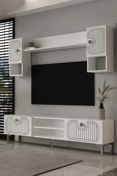 Dekortis Home Dekor 180DHDTÜR3BG HERA LAZER DESENLİ TV ÜNİTESİ BEYAZ-GÜMÜŞ ürün görseli 1